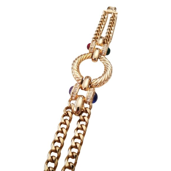 Gold Tone Clear Rhinestone Cab Dual Chain Ribbed Rope Center 8"Long Bracelet L54 - Picture 2 of 10